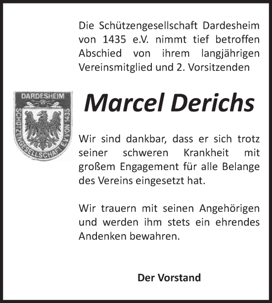 Traueranzeige von Marcel Derichs von Volksstimme Halberstadt