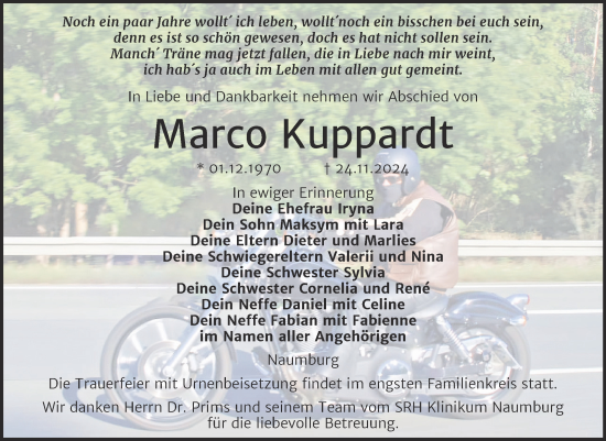 Traueranzeige von Marco Kuppardt von Super Sonntag Naumburg/Nebra