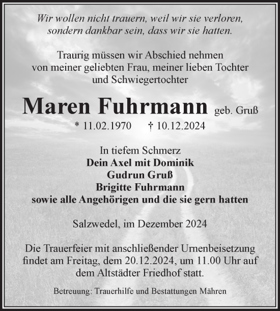 Traueranzeige von Maren Fuhrmann von Volksstimme Altmark West