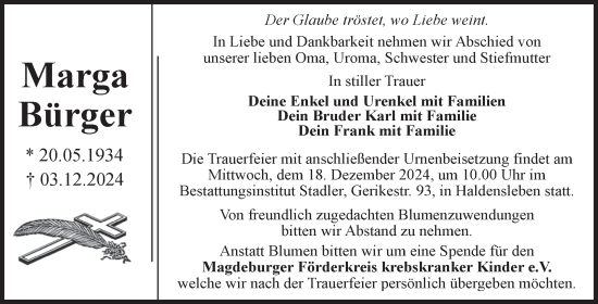 Traueranzeige von Marga Bürger von Volksstimme Haldensleben/Wolmirstedt