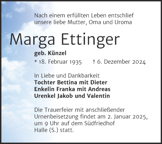 Traueranzeige von Marga Ettinger von Mitteldeutsche Zeitung Halle/Saalkreis