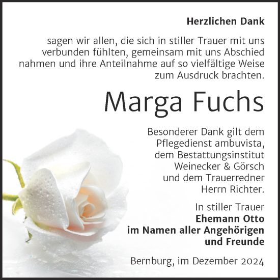 Traueranzeige von Marga Fuchs von Trauerkombi Bernburg