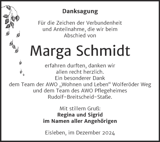 Traueranzeige von Marga Schmidt von Trauerkombi Mansfelder Land