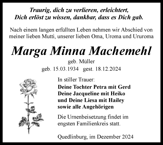 Traueranzeige von Marga Minna Machemehl von Trauerkombi Quedlinburg