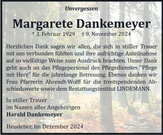 Traueranzeige von Margarete Dankemeyer von Volksstimme Wernigerode