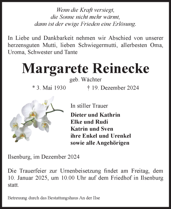 Traueranzeige von Margarete Reinecke von Volksstimme Wernigerode