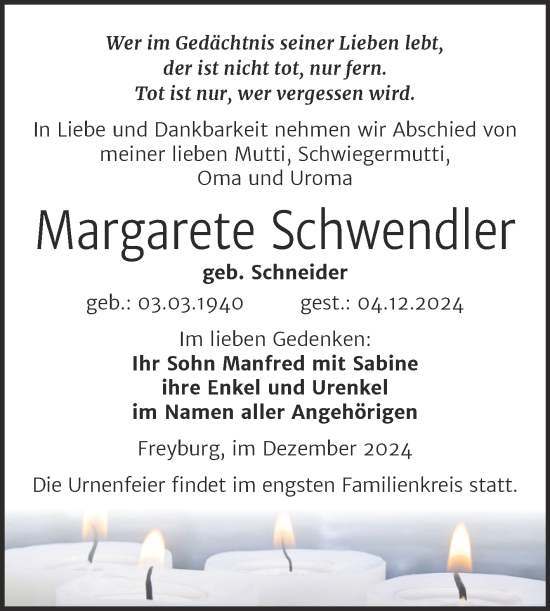 Traueranzeige von Margarete Schwendler von Super Sonntag Naumburg/Nebra