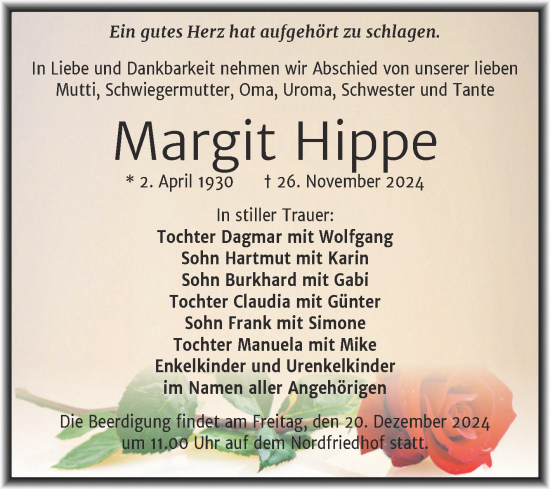 Traueranzeige von Margit Hippe von Mitteldeutsche Zeitung Halle/Saalkreis