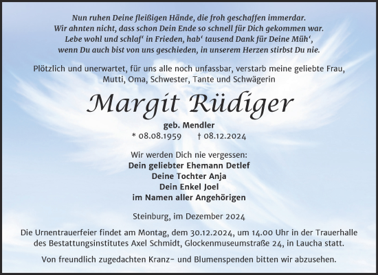 Traueranzeige von Margit Rüdiger von Super Sonntag Naumburg/Nebra