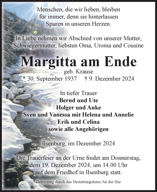 Traueranzeige von Margitta am Ende von Volksstimme Wernigerode