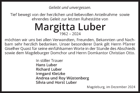 Traueranzeige von Margitta Luber von Volksstimme Magdeburg