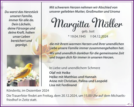 Traueranzeige von Margitta Möller von Trauerkombi Zeitz