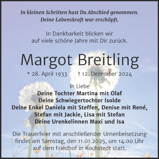Traueranzeige von Margot Breitling von Trauerkombi Dessau