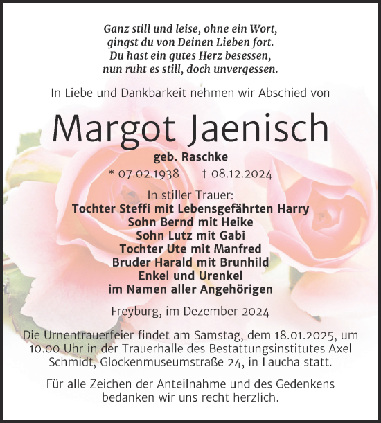 Traueranzeige von Margot Jaenisch von Super Sonntag Naumburg/Nebra