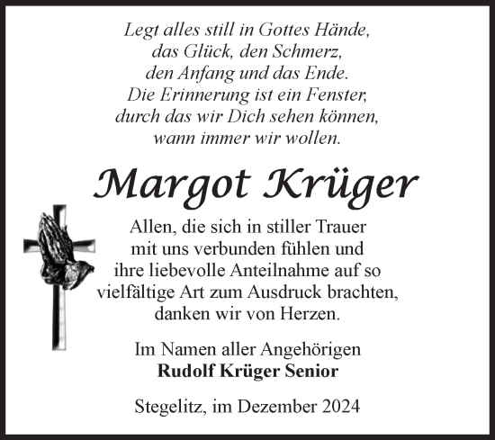 Traueranzeige von Margot Krüger von Volksstimme Burg/Genthin