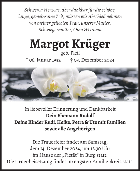 Traueranzeige von Margot Krüger von Volksstimme Burg/Genthin