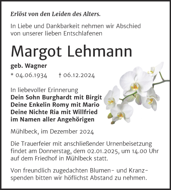 Traueranzeige von Margot Lehmann von Trauerkombi Bitterfeld