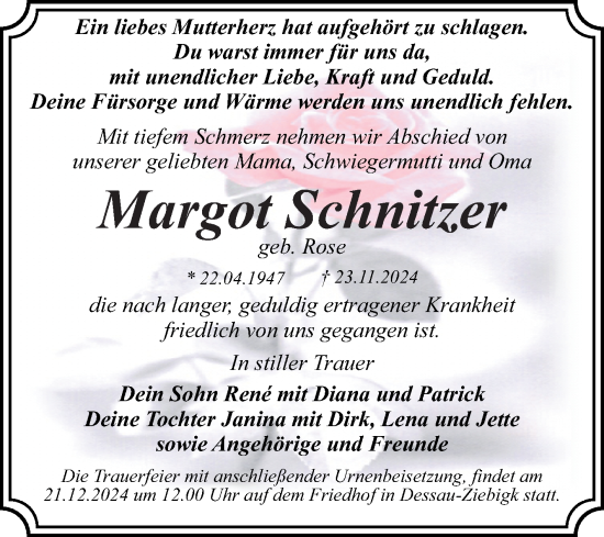 Traueranzeige von Margot Schnitzer von Trauerkombi Dessau
