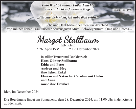 Traueranzeige von Margot Stallbaum von Volksstimme Altmark Ost