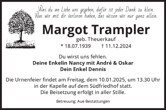 Traueranzeige von Margot Trampler von Volksstimme Magdeburg
