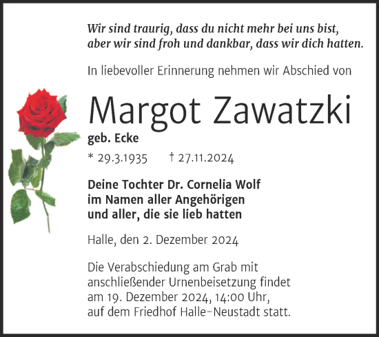 Traueranzeige von Margot Zawatzki von Mitteldeutsche Zeitung Halle/Saalkreis