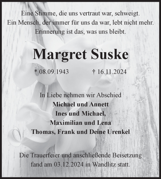 Traueranzeige von Margret Suske von Volksstimme Wernigerode