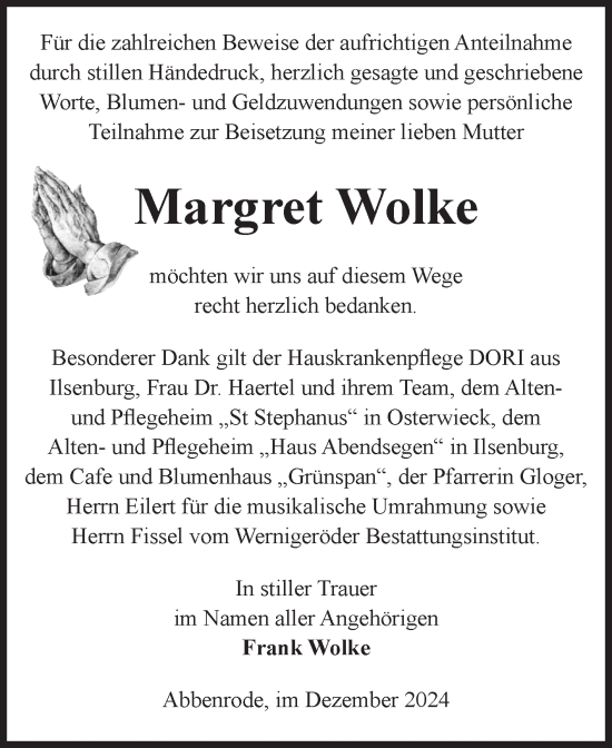 Traueranzeige von Margret Wolke von Volksstimme Wernigerode