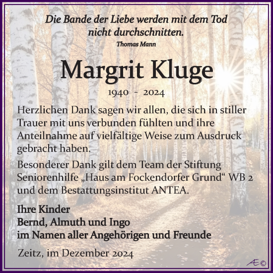 Traueranzeige von Margrit Kluge von Trauerkombi Zeitz