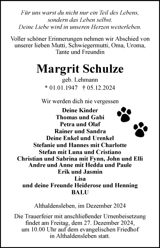 Traueranzeige von Margrit Schulze von Volksstimme Haldensleben/Wolmirstedt