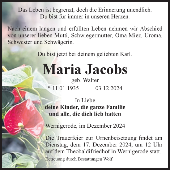 Traueranzeige von Maria Jacobs von Volksstimme Wernigerode