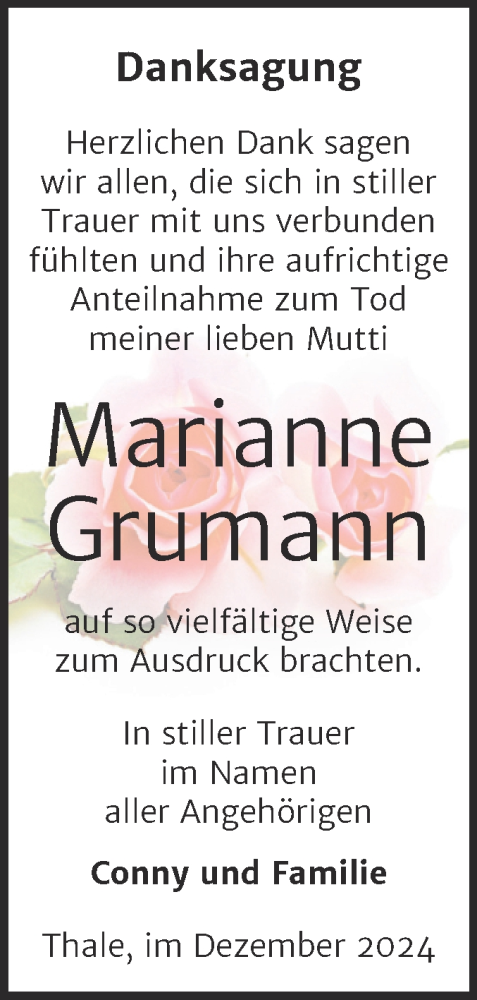 Traueranzeige von Marianne Grumann von Trauerkombi Quedlinburg