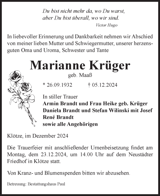 Traueranzeige von Marianne Krüger von Volksstimme Altmark West