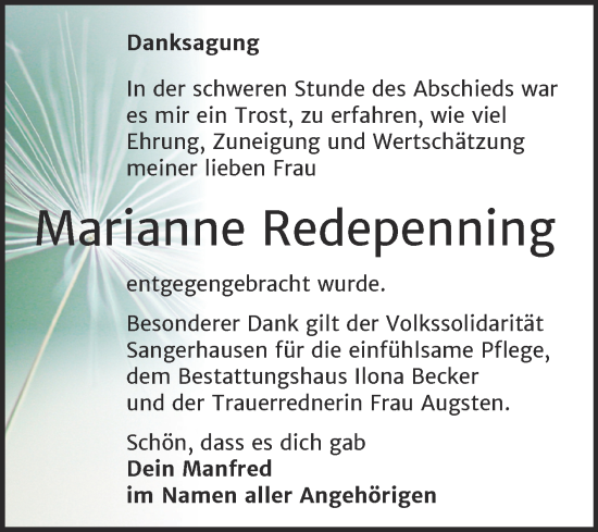 Traueranzeige von Marianne Redepenning von Trauerkombi Sangerhausen