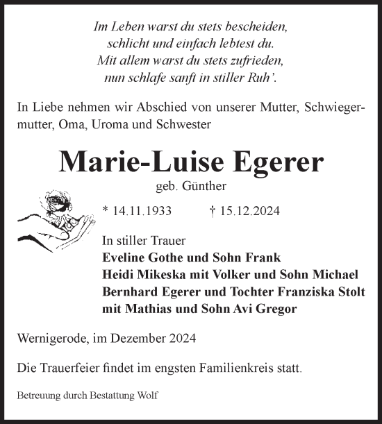 Traueranzeige von Marie-Luise Egerer von Volksstimme Wernigerode