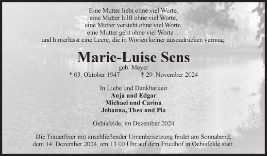 Traueranzeige von Marie-Luise Sens von Volksstimme Altmark West