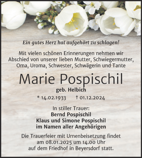 Traueranzeige von Marie Pospischil von Trauerkombi Bitterfeld