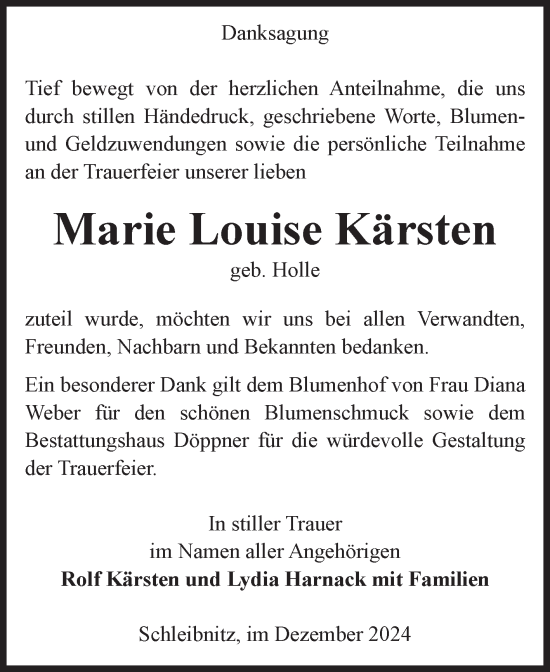 Traueranzeige von Marie Louise Kärsten von Volksstimme Oschersleben/Wanzleben