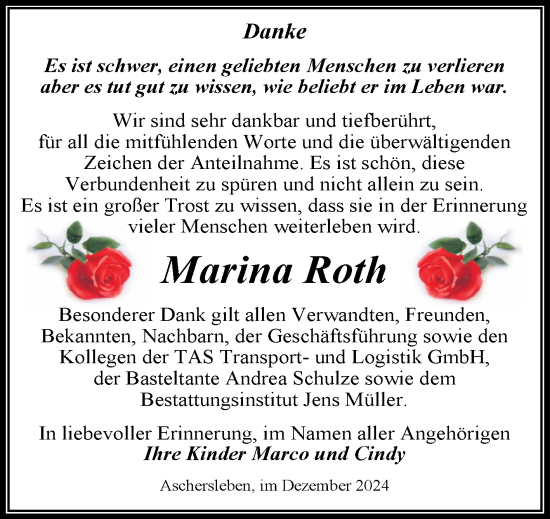 Traueranzeige von Marina Roth von Trauerkombi Aschersleben