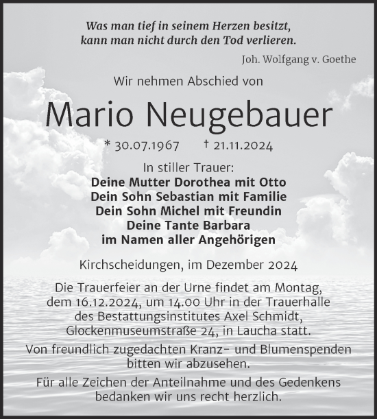 Traueranzeige von Mario Neugebauer von Super Sonntag Naumburg/Nebra