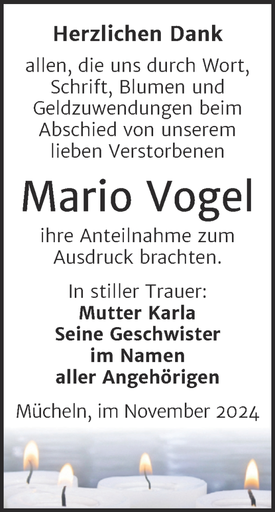 Traueranzeige von Mario Vogel von Trauerkombi Merseburg