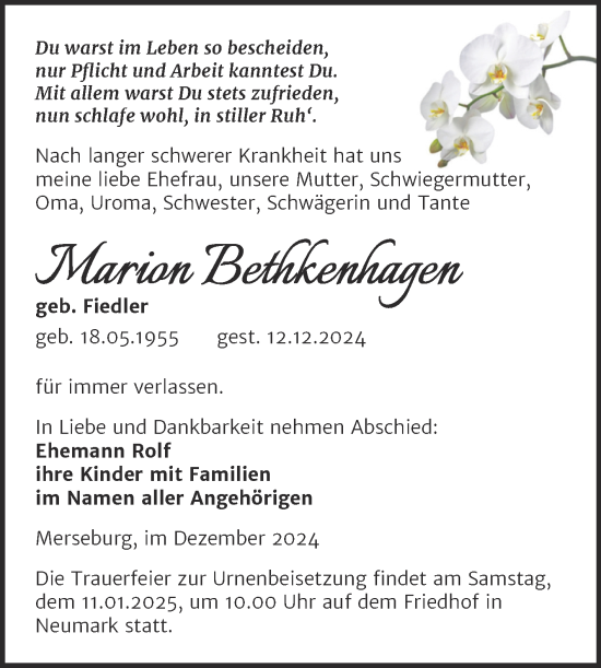 Traueranzeige von Marion Bethkenhagen von Trauerkombi Merseburg