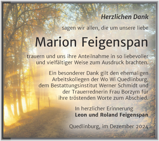Traueranzeige von Marion Feigenspan von Trauerkombi Quedlinburg