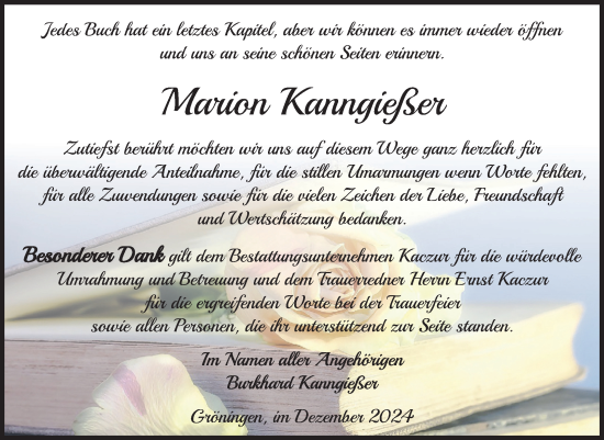 Traueranzeige von Marion Kanngießer von Volksstimme Oschersleben/Wanzleben