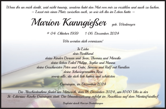 Traueranzeige von Marion Kanngießer von Volksstimme Oschersleben/Wanzleben