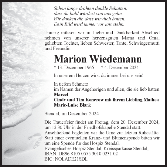 Traueranzeige von Marion Wiedemann von Volksstimme Altmark Ost