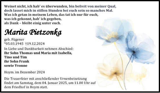 Traueranzeige von Marita Pietzonka von Trauerkombi Aschersleben