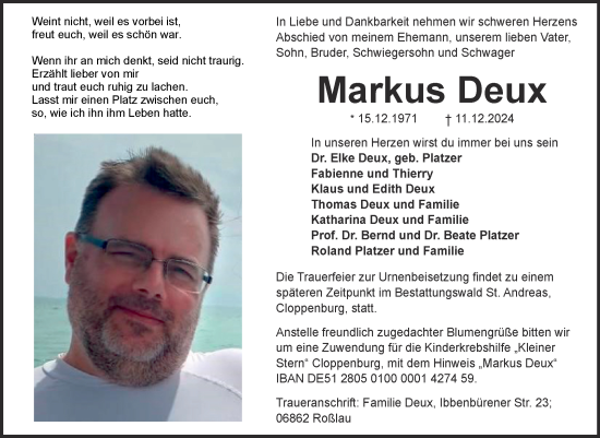 Traueranzeige von Markus Deux von Trauerkombi Dessau