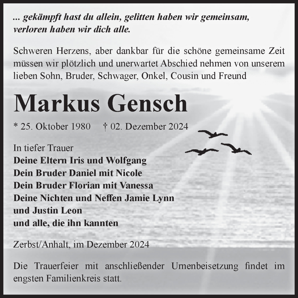 Traueranzeige für Markus Gensch vom 07.12.2024 aus Volksstimme Zerbst