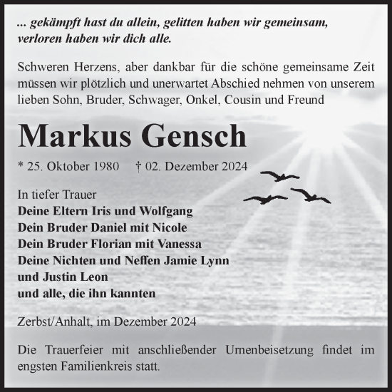 Traueranzeige von Markus Gensch von Volksstimme Zerbst