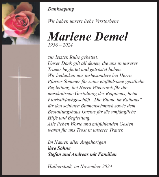 Traueranzeige von Marlene Demel von Volksstimme Halberstadt